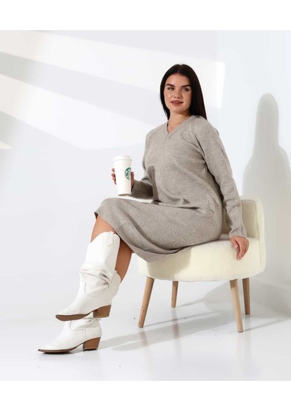 V Yaka Modern Uzun Triko Elbise fırsatları