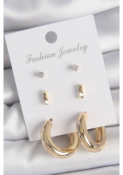 Pirinç Gold Renk Zirkon Taşlı Halka Model 3 Çift Kadın Küpe Seti - Lisinya