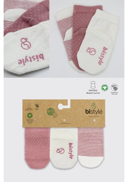 Puanlı Kaymaz Penye Soket Çorap 3'lü BS10108 Pudra