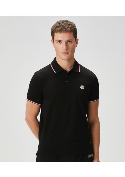 Mncl Logo Detaylı Siyah Erkek Polo Yaka T-Shirt - Seçkin Koleksiyon