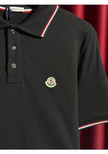 Mncl Logo Detaylı Siyah Erkek Polo Yaka T-Shirt - Seçkin Koleksiyon fırsatları
