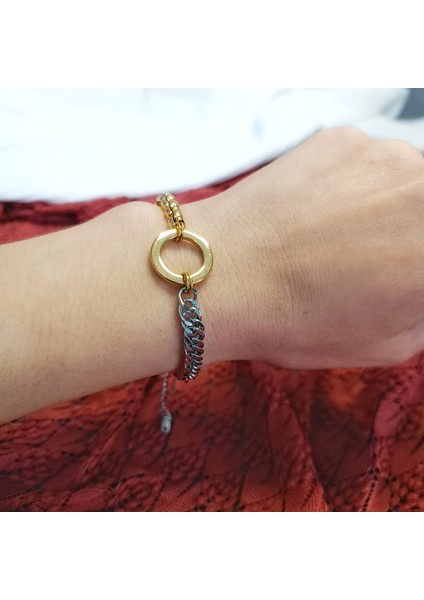 Halka Model Iki Renkli Çelik Bileklik / 316L Gold&gümüş Renk Kombini fırsatları