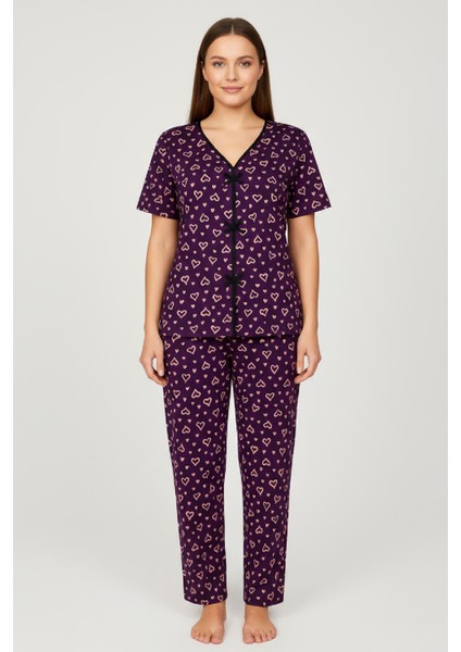 Kadın Mor Kalp Desenli Fiyonklu Kısa Kollu Uzun Pijama Takımı fiyatları