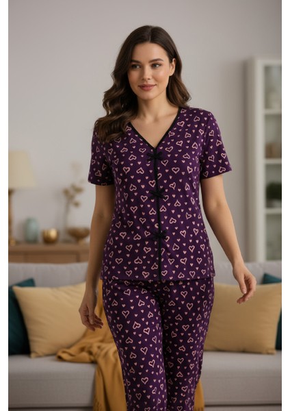 Kadın Mor Kalp Desenli Fiyonklu Kısa Kollu Uzun Pijama Takımı