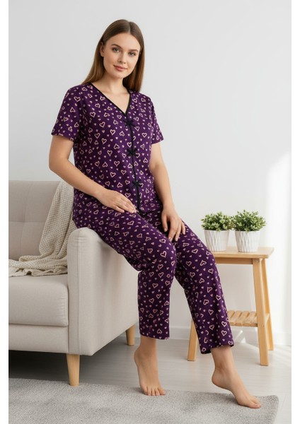 Kadın Mor Kalp Desenli Fiyonklu Kısa Kollu Uzun Pijama Takımı