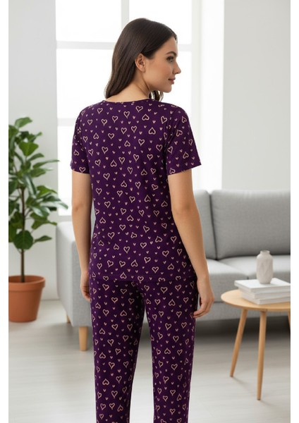 Kadın Mor Kalp Desenli Fiyonklu Kısa Kollu Uzun Pijama Takımı