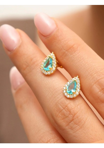 925 Ayar Sarı Altın Kaplama Damla Aquamarin Taşlı Gümüş Küpe