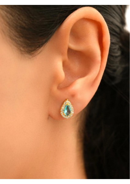 925 Ayar Sarı Altın Kaplama Damla Aquamarin Taşlı Gümüş Küpe modelleri