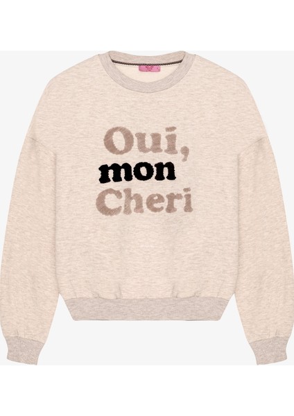 Kabartma Yazı Nakışlı Oversize Sweatshirt Bej