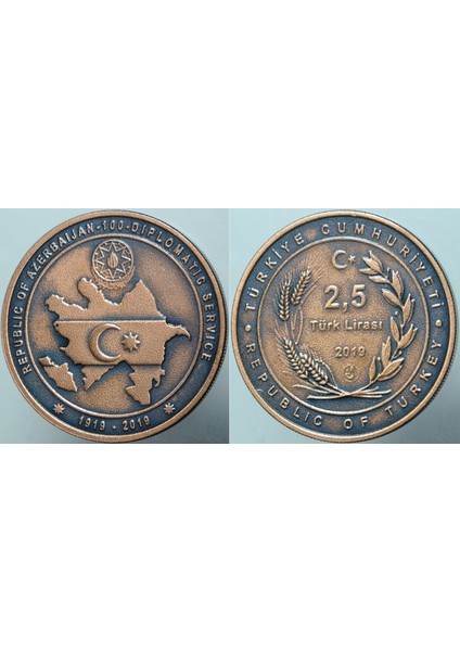 Azerbaycan Dışişleri 100. Yılı Bronz Hatıra 2,5 Lira. 1919-2019. Sertifikalı Çil.