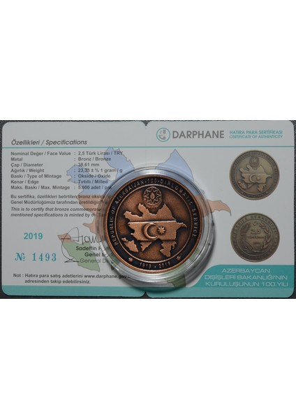 Azerbaycan Dışişleri 100. Yılı Bronz Hatıra 2,5 Lira. 1919-2019. Sertifikalı Çil. fiyatları