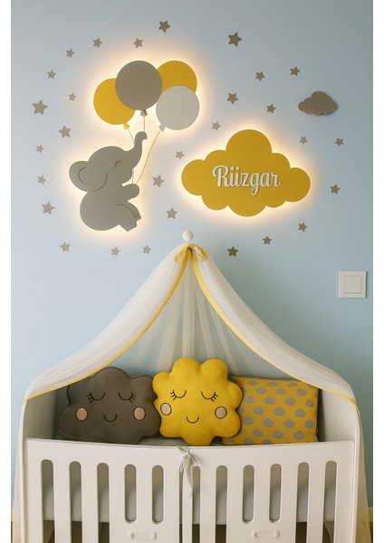 Kişiye Özel LED Işıklı Bulut ve Fil Duvar Dekoru – Bebek Odası Aydınlatma ve Isimli Tasarım