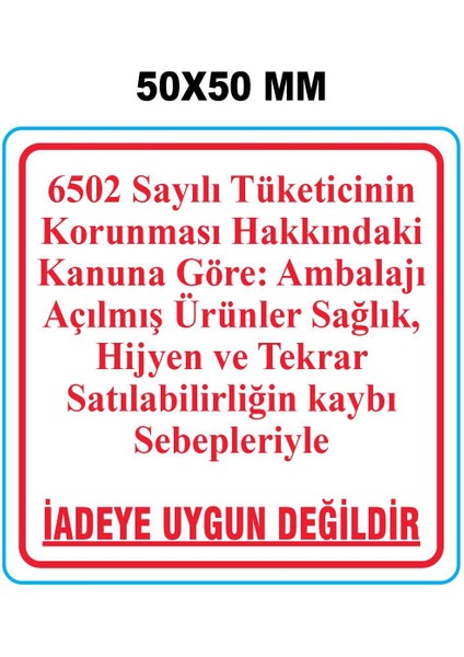 Hijyen ve Iadeye Uygun Değildir Etiketi 50MM x 50MM