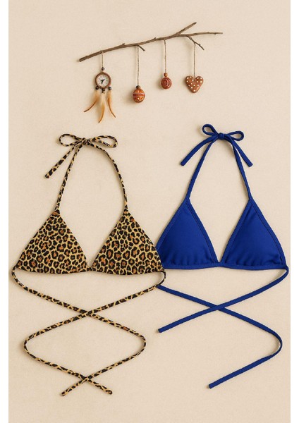 Kadın Leopar Desenli ve Mavi Minimal Kesim Üçgen Bikini Üstü
