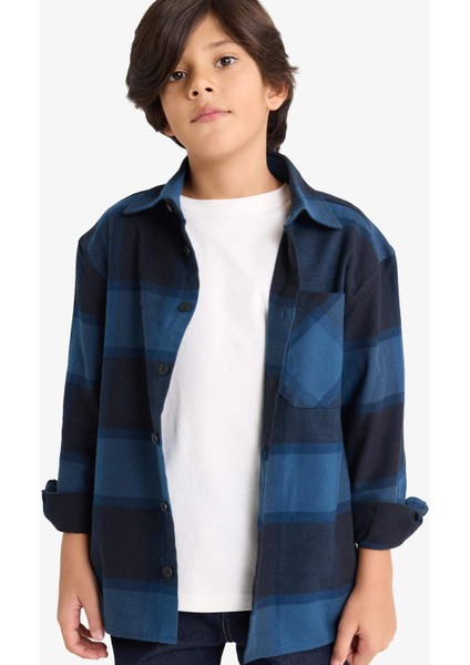 Erkek Çocuk Oversize Geniş Kalıp Polo Yaka Kareli Flanel Uzun Kollu Gömlek G3461A825WN