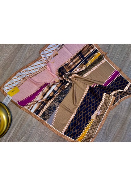 Taba Kahverengi Twill Eşarp Abstract Desenli Gold Seri 90X90 cm modelleri