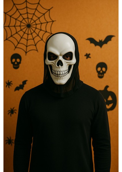 Cadılar Bayramı Halloween Siyah Kapüşonlu 120 cm Pelerin + Kafatası Maske Kostüm Seti modelleri