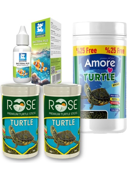 Turtle Green Sticks 125ML, Rose 2X100ML Sürüngen ve Yüzen Kaplumbağa Yemi, Bacteria Plus 50CC