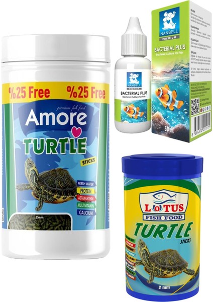 Turtle Green Sticks 125ML, Lotus 100ML Sürüngen ve Yüzen Kaplumbağa Yemi, Bacteria Plus 50CC