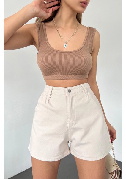 Çift Cepli Pileli Mini Denim Şort -Krem indirimleri
