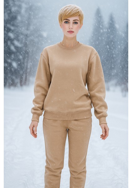 3 Iplik Şardonlu Bisiklet Yaka Geniş Kalıp Beli Lastikli Kadın Eşofman Takımı