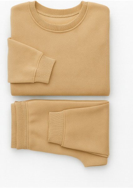 3 Iplik Şardonlu Bisiklet Yaka Geniş Kalıp Beli Lastikli Kadın Eşofman Takımı modelleri