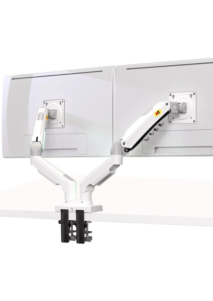 Nb F160 Beyaz Gazlı Yaylı Çift Monitör Kol Standı | 17”-27” Ekran Uyumlu | 360° Dönebilir |