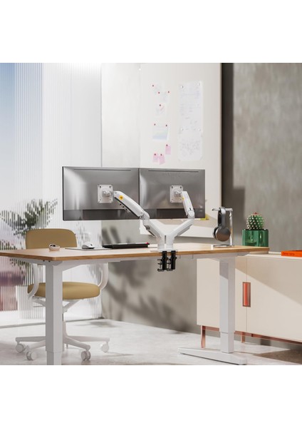 Nb F160 Beyaz Gazlı Yaylı Çift Monitör Kol Standı | 17”-27” Ekran Uyumlu | 360° Dönebilir | modelleri