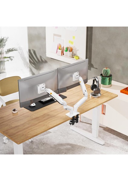 Nb F160 Beyaz Gazlı Yaylı Çift Monitör Kol Standı | 17”-27” Ekran Uyumlu | 360° Dönebilir | indirimleri