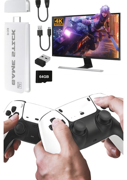 Game Stick 4K Retro Oyun Konsolu – 64GB Hafıza Kartlı | 15 Emülatör ve 30.000+ Klasik Oyun | 2.4g Kablosuz Çift Kollu HDMI Tak-Çalıştır Tv Oyun Konsolu