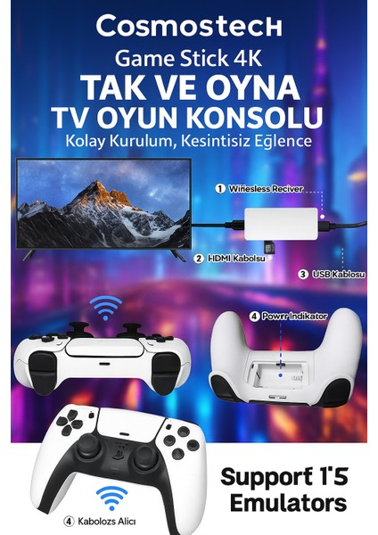 Game Stick 4K Retro Oyun Konsolu – 64GB Hafıza Kartlı | 15 Emülatör ve 30.000+ Klasik Oyun | 2.4g Kablosuz Çift Kollu HDMI Tak-Çalıştır Tv Oyun Konsolu