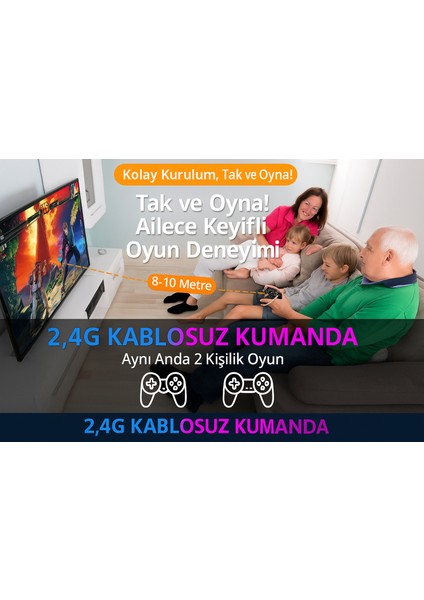 Game Stick 4K Retro Oyun Konsolu – 64GB Hafıza Kartlı | 15 Emülatör ve 30.000+ Klasik Oyun | 2.4g Kablosuz Çift Kollu HDMI Tak-Çalıştır Tv Oyun Konsolu