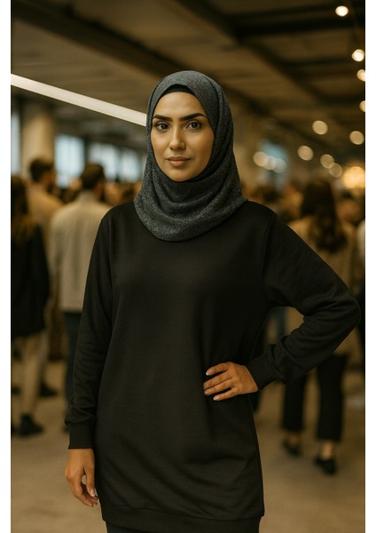 2 Iplik Bisiklet Yaka Kolları Lastikli Uzun Tunik