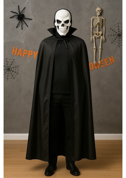 Cadılar Bayramı Halloween Siyah Yakalı 120 cm Pelerin + Kafatası Kurukafa Maske Kostüm Seti