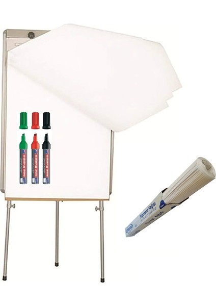70X100 Elegant Çerçeveli Laminat Yüzey Teleskopik Ayaklı Flip Chart Sunum Kağıtlı ve 3 Renk 365 Kalem
