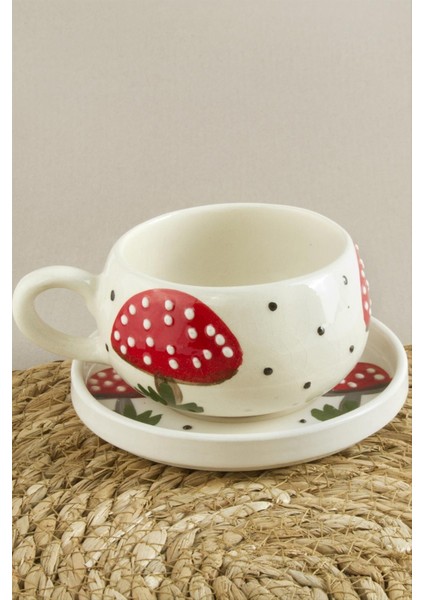 Mantar Desenli Seramik Tabaklı Kupa