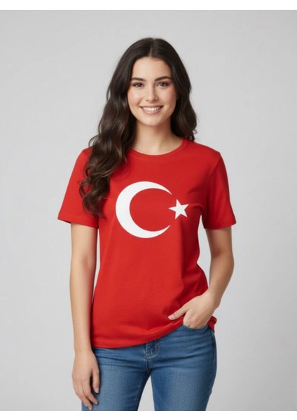 Kız-Erkek Büyük Boy Ay Yıldızlı Türk Bayraklı Kısa Kol T-Shirt