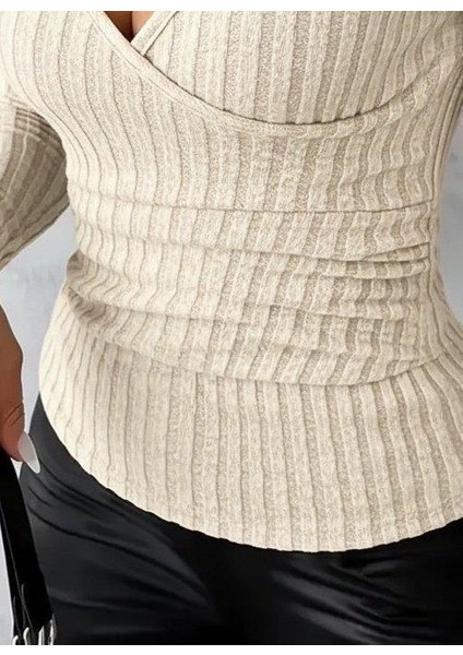 Kadın Uzun Kollu Kruvaze Yakalı Incili Şardonlu Kaşkorse Bluz modelleri