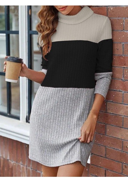 Kadın Uzun Kollu Balıkçı Yaka Çizgili Çok Renkli Mini Şardonlu Kaşkorsel Elbise fiyatları