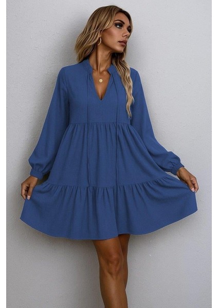 Kadın Uzun Kollu Yakadan Bağcıklı Fırfırlı Keten Mini Elbise