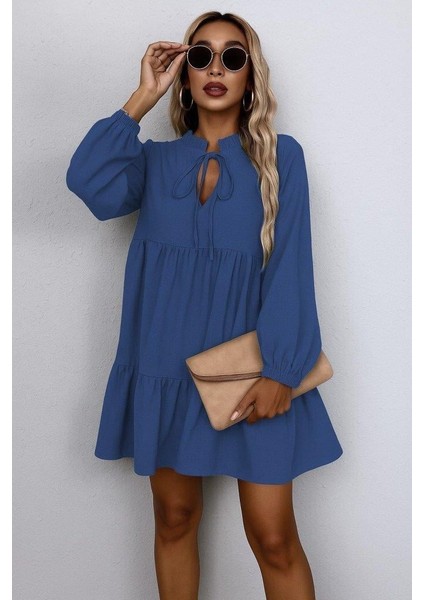 Kadın Uzun Kollu Yakadan Bağcıklı Fırfırlı Keten Mini Elbise modelleri