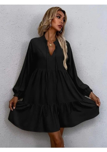 Kadın Uzun Kollu Yakadan Bağcıklı Fırfırlı Keten Mini Elbise