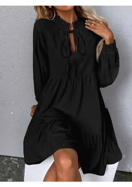 Kadın Uzun Kollu Yakadan Bağcıklı Fırfırlı Keten Mini Elbise fiyatları
