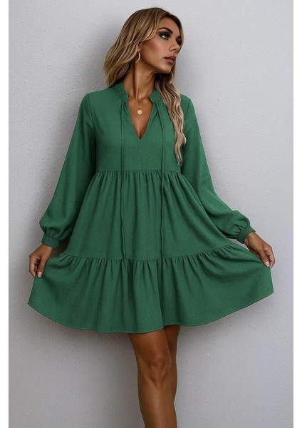 Kadın Uzun Kollu Yakadan Bağcıklı Fırfırlı Keten Mini Elbise