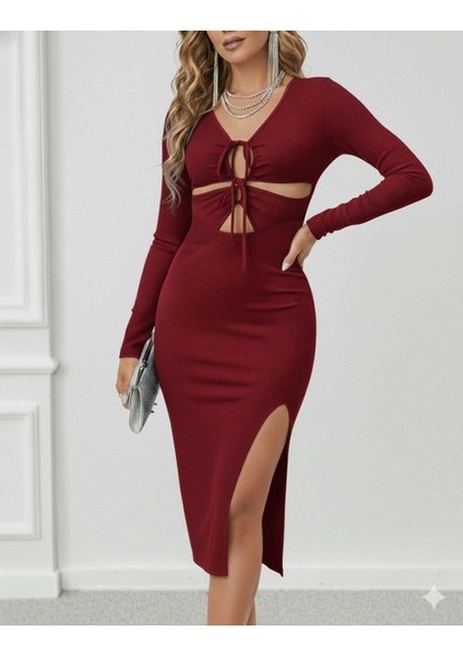 Kadın Uzun Kollu Göğüs ve Göbek Dekolte Detay Sandy Midi Boy Elbise