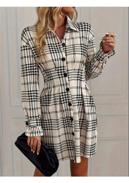Kadın Uzun Kollu Yakalı Önü Düğmeli Mini Modal Elbise