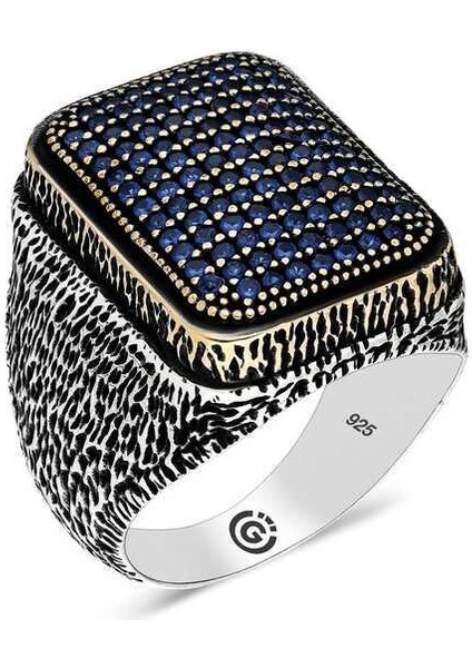 Gümüş Lacivert Zirkon Taşlı Kare Erkek Yüzük modelleri