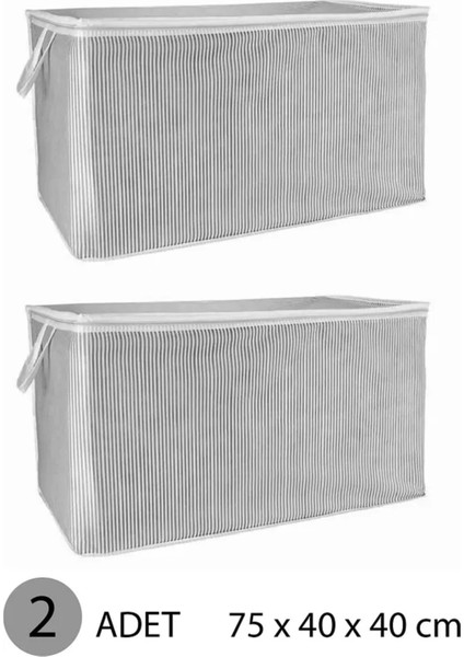 (2 Adet) Alas Gri Çizgili Fermuarlı Maxi Boy Hurç Yastık-Yorgan-Kıyafet Düzenleyici 75*40*40 cm