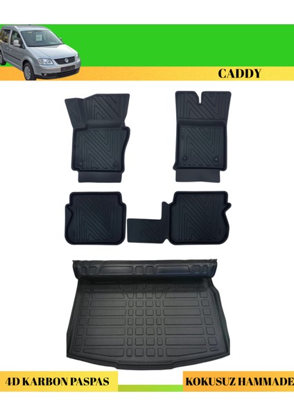 Volkswagen Caddy 2004-2010 Araca Özel Üretim 4d Havuzlu Karbon Paspas Takımı + 3D Bagaj Havuzu