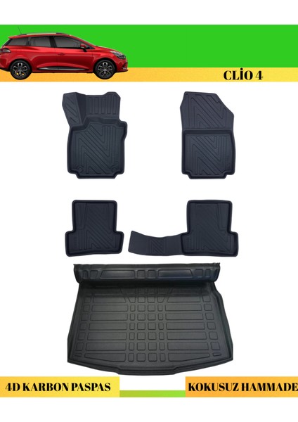 Renault Clio 4 Stw Araca Özel Üretim 4d Havuzlu Karbon Paspas Takımı + 3D Bagaj Havuzu Alt